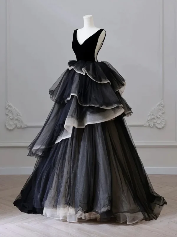 Big Discounts fitted dressBlack V Neck Tulle Tiered Long Formal Prom Dress Party Gown,DP1002