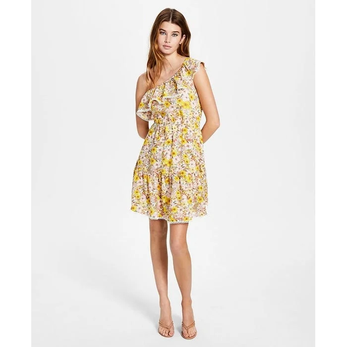 Flash Sale Bar Iii Women's Ruffled Lace Trim Lined Floral Sleeveless Asymmetrical Neckline Short Fit Flare Dress Yellow Size Medium