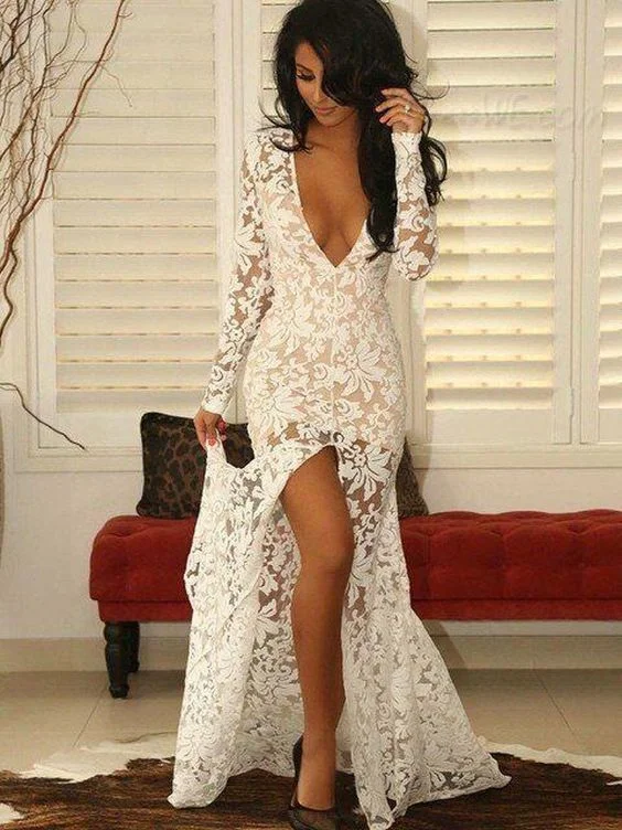 Price Drop midi dressWhite Deep V-neck Long Sleeves See Through Long Prom Dress,DP951