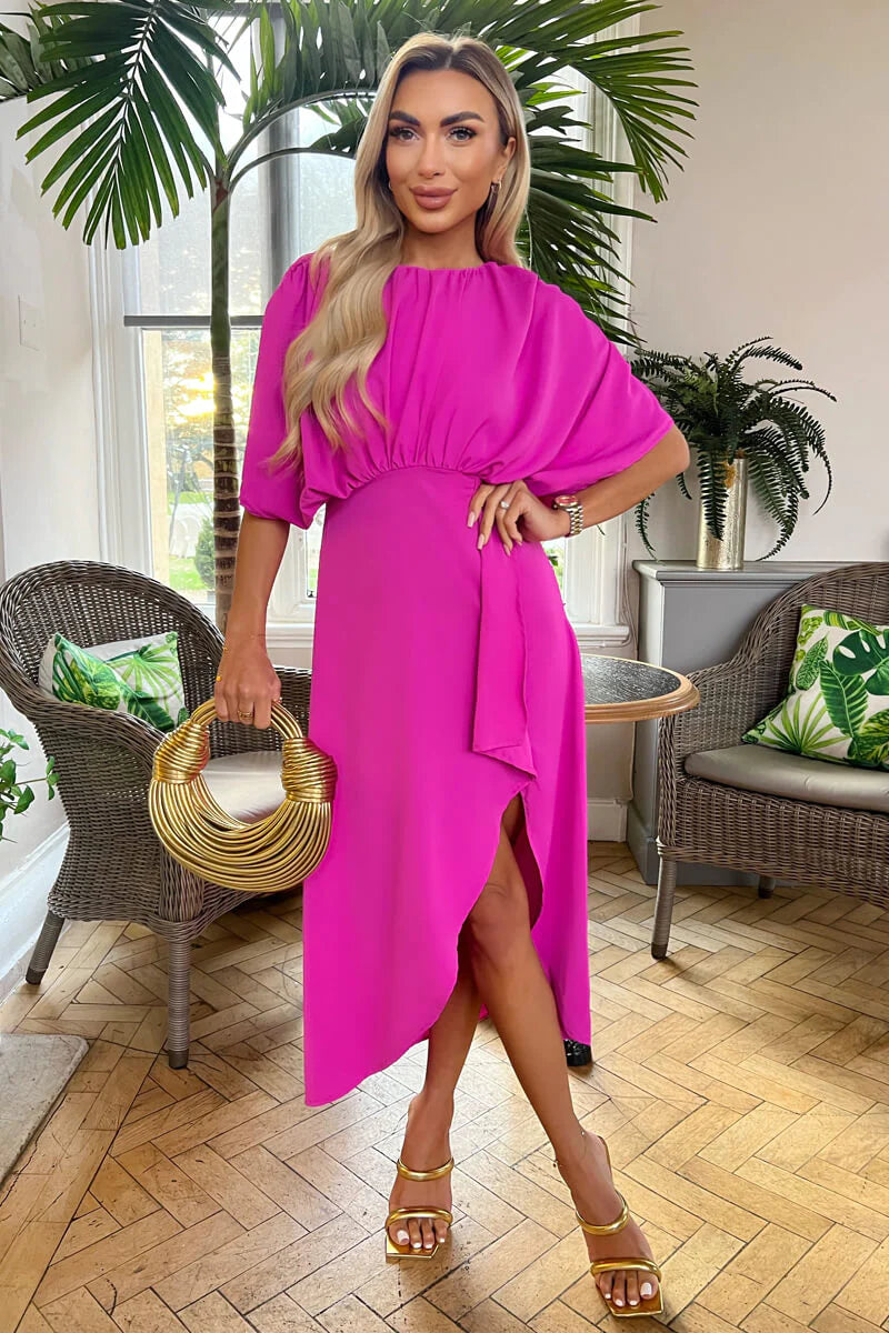 playful dressDestiny Hot Pink Batwing Top Wrap Skirt Midi Dress