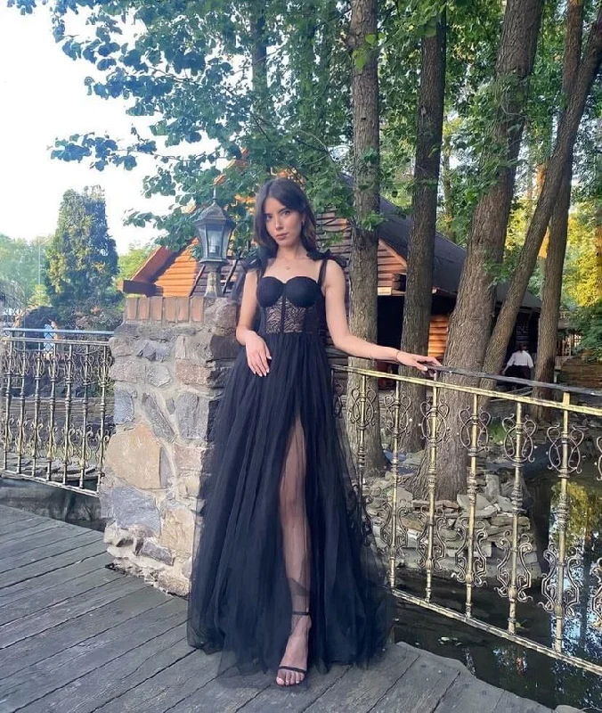 Early Bird Discount backless dressBlack Corset A-Line Tull Long Prom Dress with Slit,DP813 Early Bird Discount backless dressBlack Corset A-Line Tull Long Prom Dress with Slit,DP813