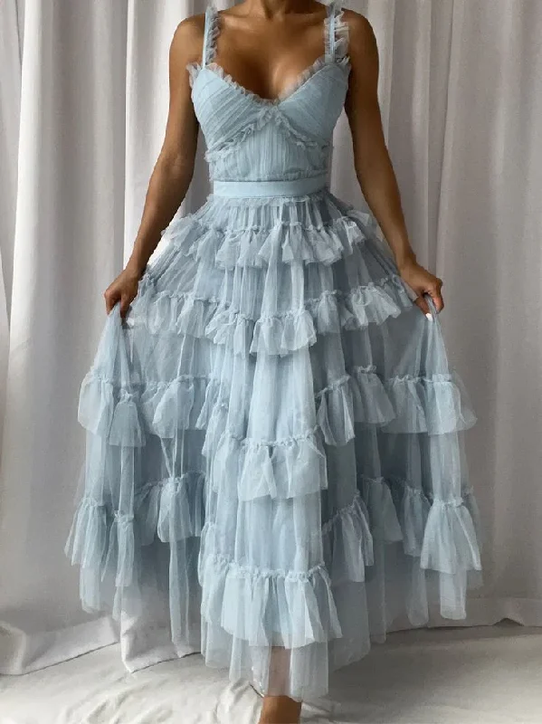 backless dressLight Blue A-Line Tulle Tiered Cute Prom Dress Party Gown, DP2561