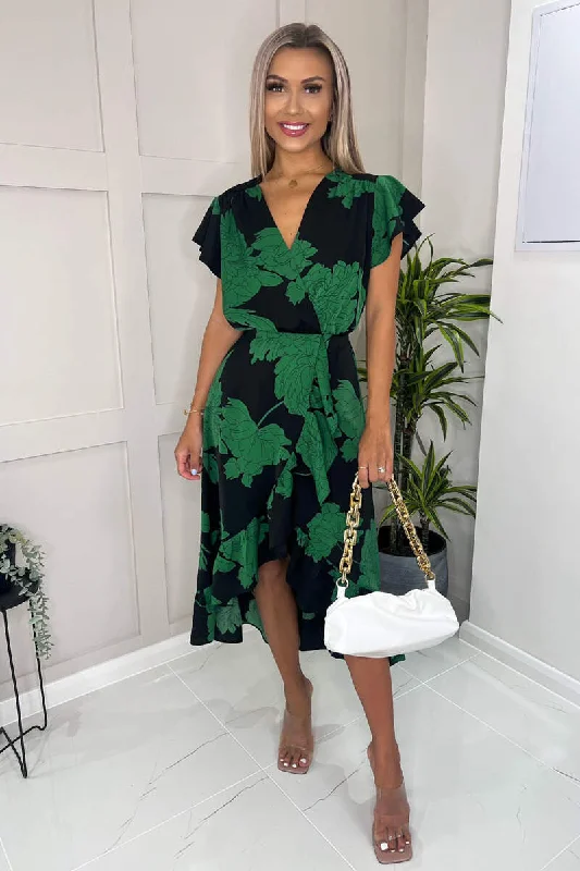 trendy wrap dressTina Black and Green Floral Print Wrap Midi Dress