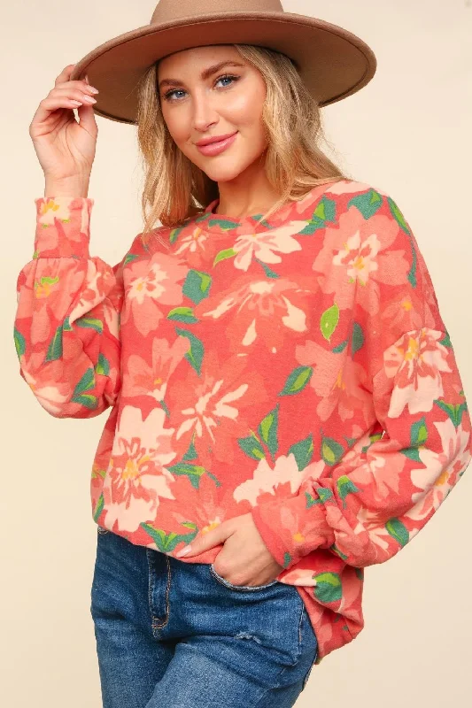 Red Floral Brushed Hacci Soft Sweater Knit Top