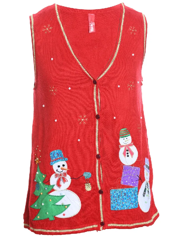 Super Savings Snowman Design Red Knit Christmas Vest - M