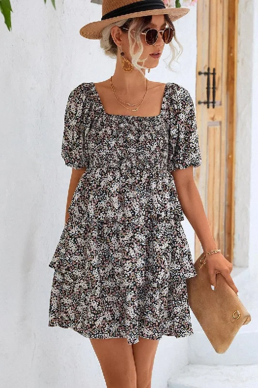 elegant shift dressOFF SHOULDER SQUARE NECK FLORAL TIERED DRESS