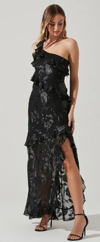 floral dressOne Shoulder Black Ruffle Sheer Dress with Slit by ASTR the label