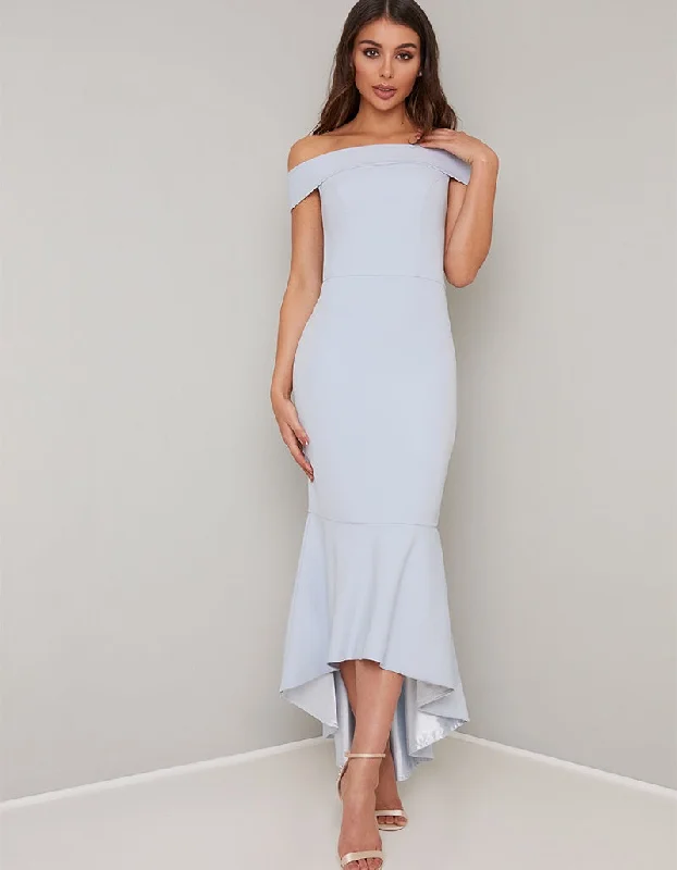 classic fit-and-flare dressJojo Baby Blue Bardot Fishtail Style Dress