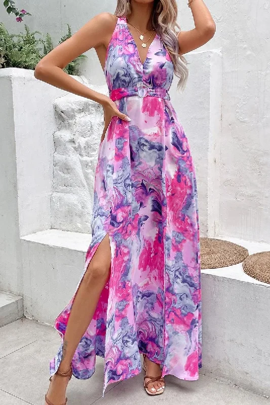 printed dressRING BELT HALTER NECK SLIT PRINTING DRESS