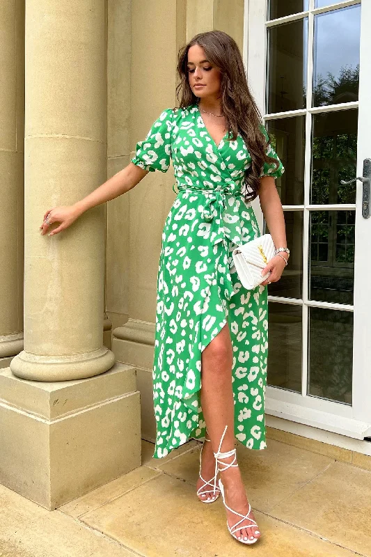 ruffle dressFarrah Green Leopard Print Frill Hem Maxi Dress