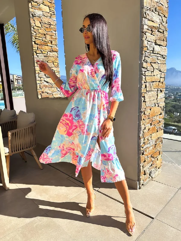 cocktail party dressLillie Blue Floral Wrap Top Style Midi Dress