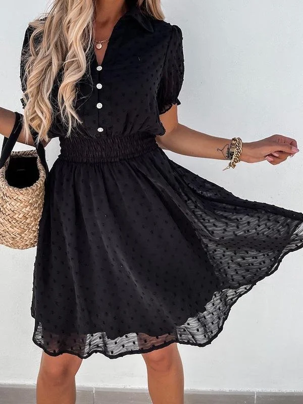 winter dressCasual Black Button Embellished Mesh Dress