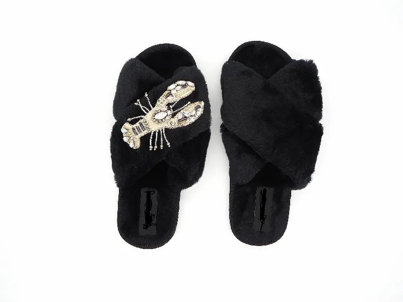 casual summer dressCrystal Black Fluffy Slippers with Lobster Brooch