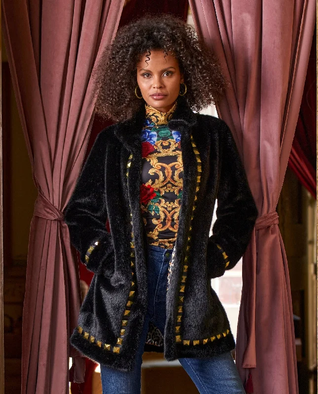 Value Deals Faux Fur Studded Trim Coat Black