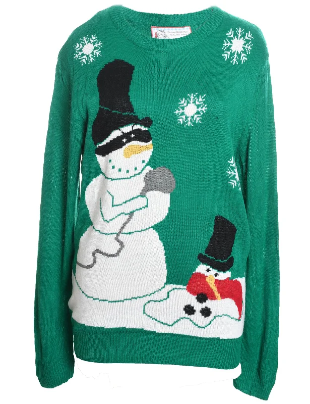 Weekend Deal Snowman Design Green Knit Christmas Jumper - XL