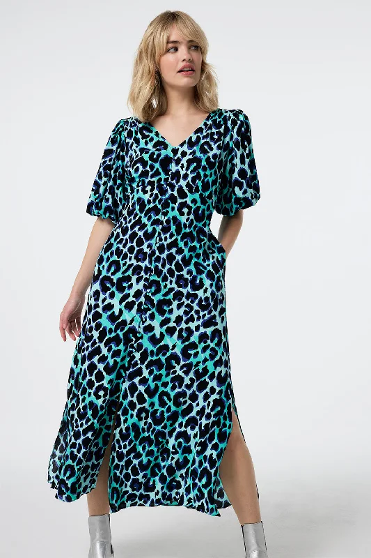 bodycon dressTurquoise with Black and Blue Shadow Leopard Puff Sleeve Midi Tea Dress