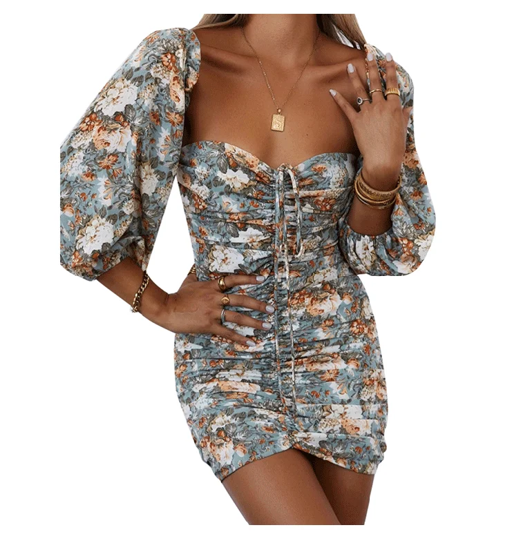 casual evening dressPrecious Poppies Ruched Bell Sleeve Mini Dress - Blue