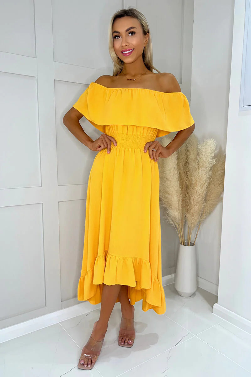 boho dressOla Yellow Bardot Style Midi Dress