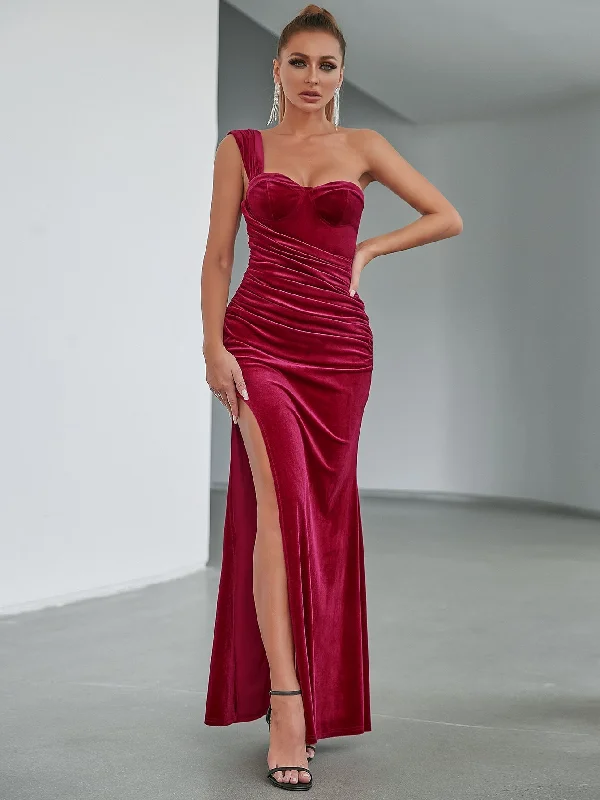 draped dressKittenAlarm - One Shoulder Ruched Side Split Thigh Velvet Prom Dress