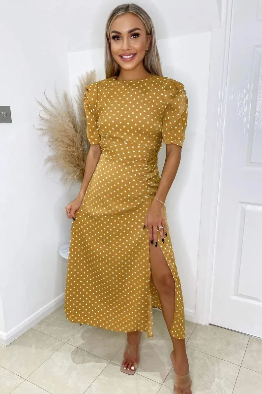 fitted dressLouisa Mustard Polka Dot Ruched Short Sleeve Midi Dress