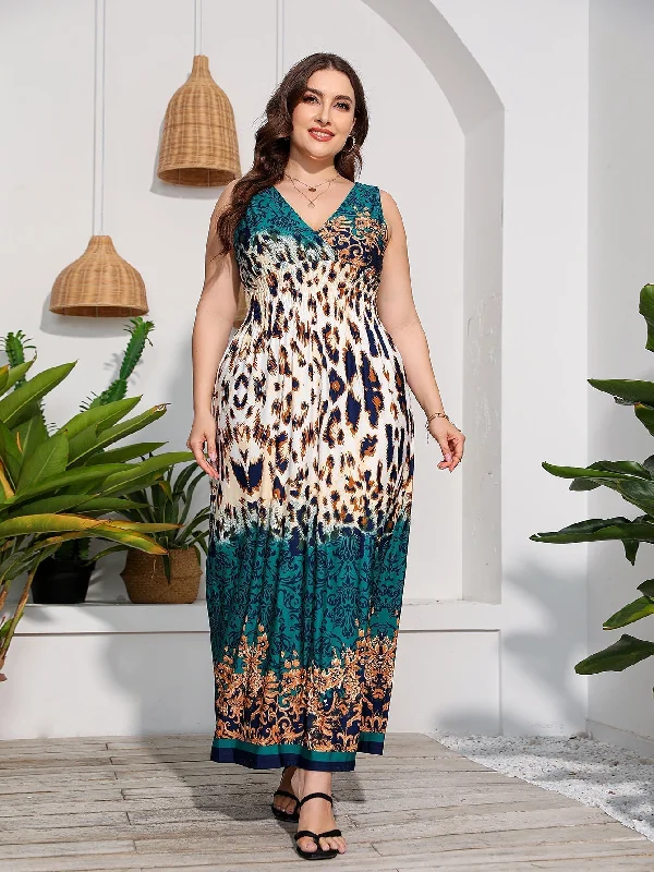 casual slip dressKittenAlarm - Plus Size V-neck Print Maxi Dress Beach Dress