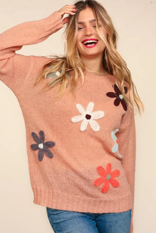 TERRACOTTA LONG SLEEVE FLOWER PATCHES  SWEATER KNIT TOP