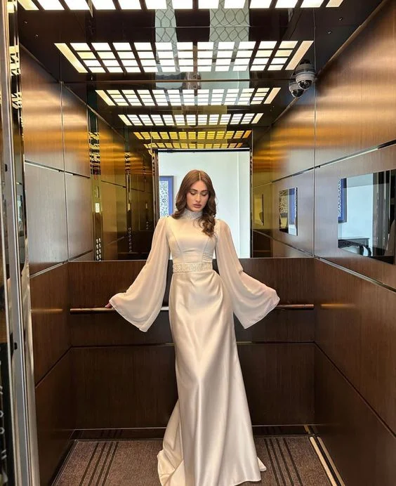 Special Promotion textured dressWhite High Neck Long Sleeves Formal Party Dress,DP1064