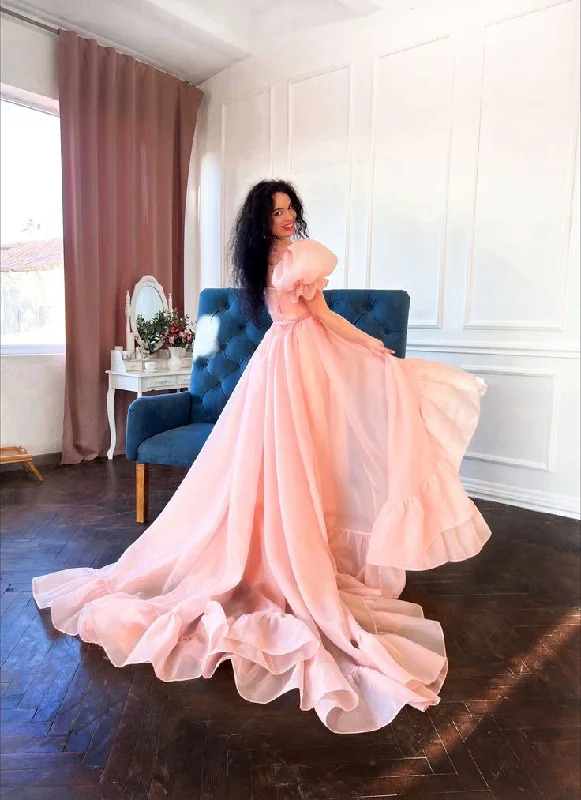 Stock Clearance chic dressPink A-Line Organza Long Prom Dress Engagement Dress with Puff Sleeves,DP877