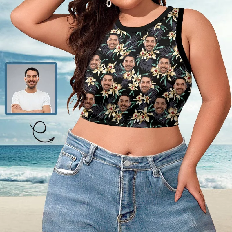 Steals and Deals Women's Tank Top with Face Custom Black Flowers High Neck Crop Top Swimsuits Bustier Steals and Deals Women's Tank Top with Face Custom Black Flowers High Neck Crop Top Swimsuits Bustier