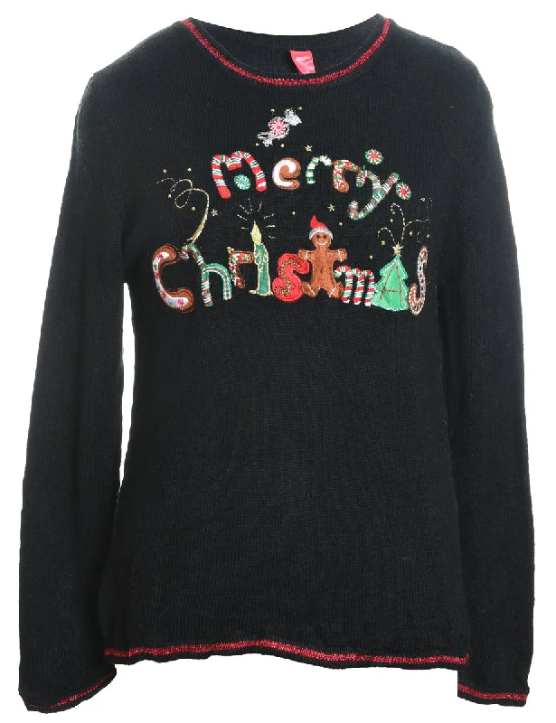 Low Prices Black Embroidered Christmas Jumper - M