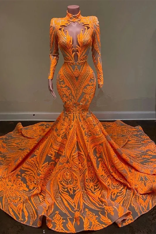 Huge Discounts office dressOrange Sequins Lace Mermaid Long Sleeves Prom Dress,DP869 Huge Discounts office dressOrange Sequins Lace Mermaid Long Sleeves Prom Dress,DP869