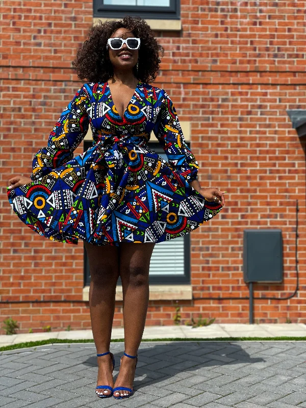 Super Bargain chic dressBani Ankara Mini Dress | Blue and White Multicolored African tribal Print