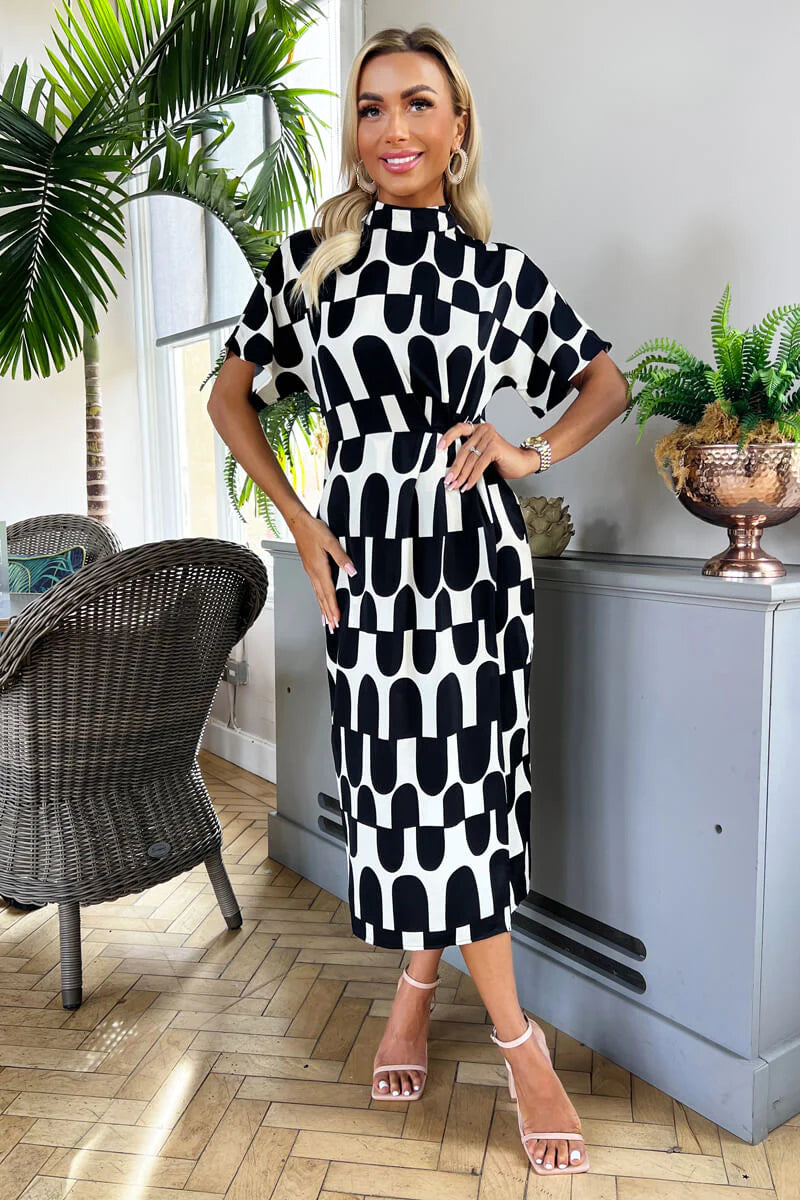 puff sleeve dressElla Black and Cream Abstract Print High Neck Midi Dress