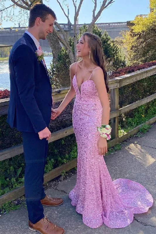 Limited Quantity office dressPink Sequined Straps Mermaid Long Prom Dress,DP917