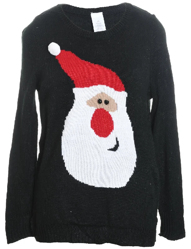 Members Only Santa Claus Design Black Knit Christmas Jumper - L