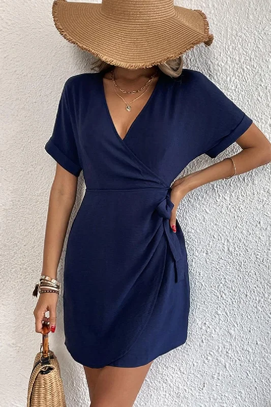 chic wrap dressDEEP V NECK ROLL UP SLEEVE SIDE TIED WRAP DRESS