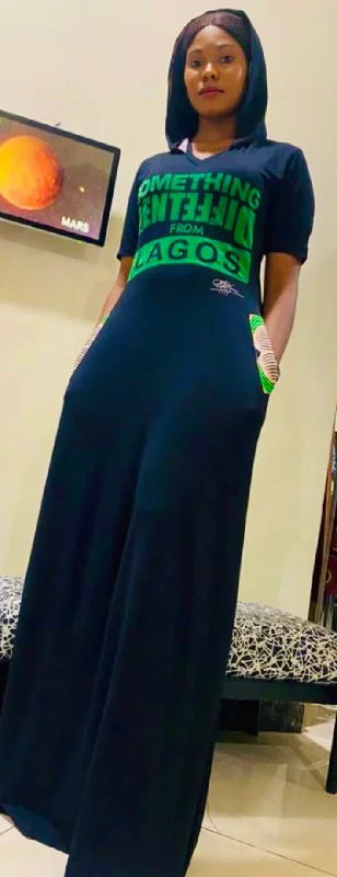 elegant maxi dressBLACK MAXI SOMETHING DIFFERENT FROM LAGOS HOODED w GREEN ANKARA DETAIL