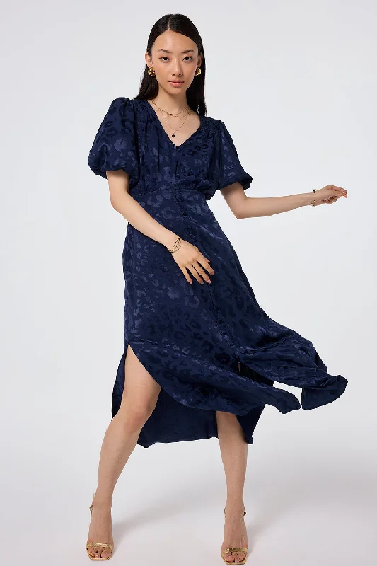 one-shoulder dressNavy Jacquard Leopard Puff Sleeve Midi Tea Dress