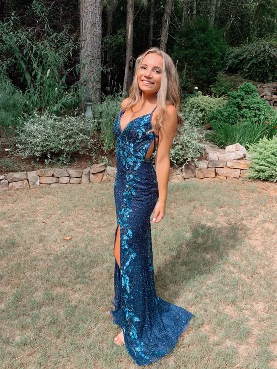 Bargain Bin chic wrap dressDark Teal Appliques Long Prom Dress with Slit,DP945