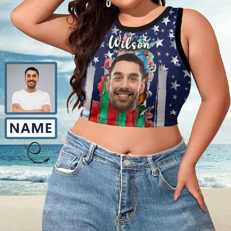 Fantastic Offers Custom Name&Face Colorful Flag Tops Women's High Neck Crop Top Swimsuits Bustier for Independence Day Fantastic Offers Custom Name&Face Colorful Flag Tops Women's High Neck Crop Top Swimsuits Bustier for Independence Day
