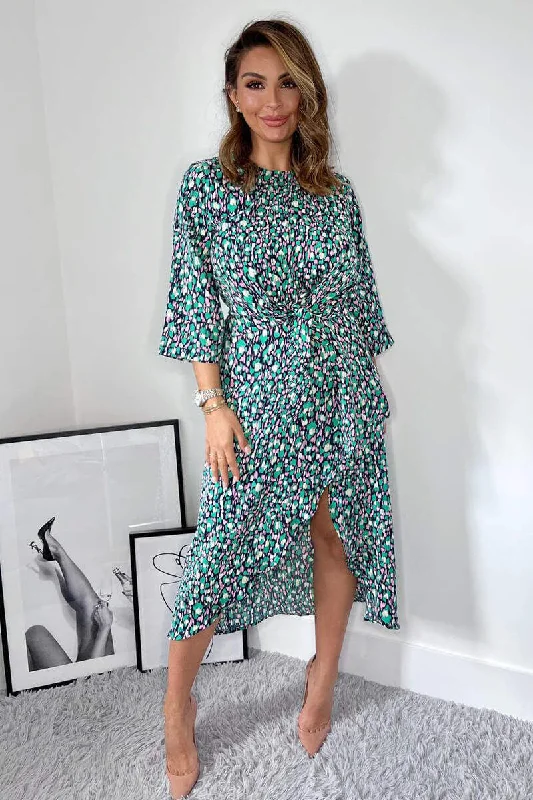 wrap-around dressKath Navy Green and Pink Tie Front Midi Dress