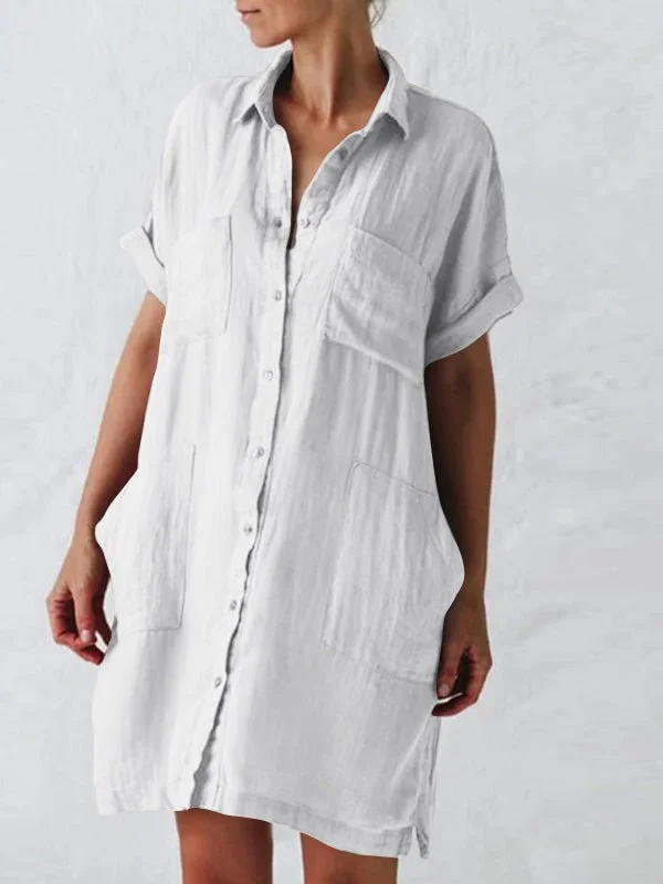 casual shift dressLapel Short Sleeve Pocket Shirt Dress