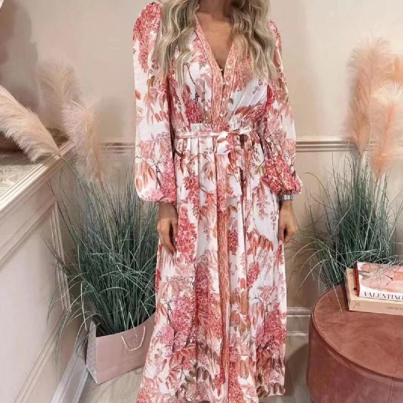 elegant evening dressKittenAlarm - Esmeralda Allover Print V Neck Maxi Dress