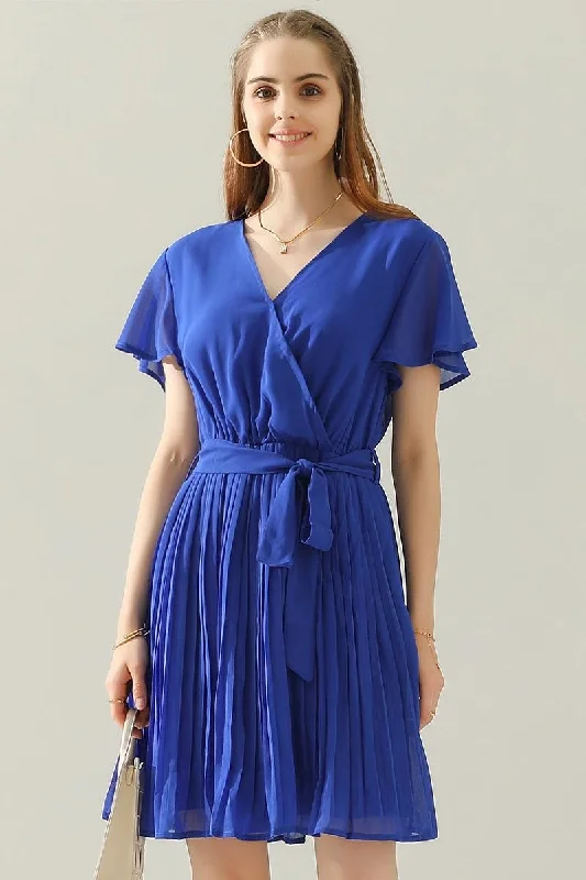 evening dressTIED WAIST PLATED V NECK CHIFFON DRESS