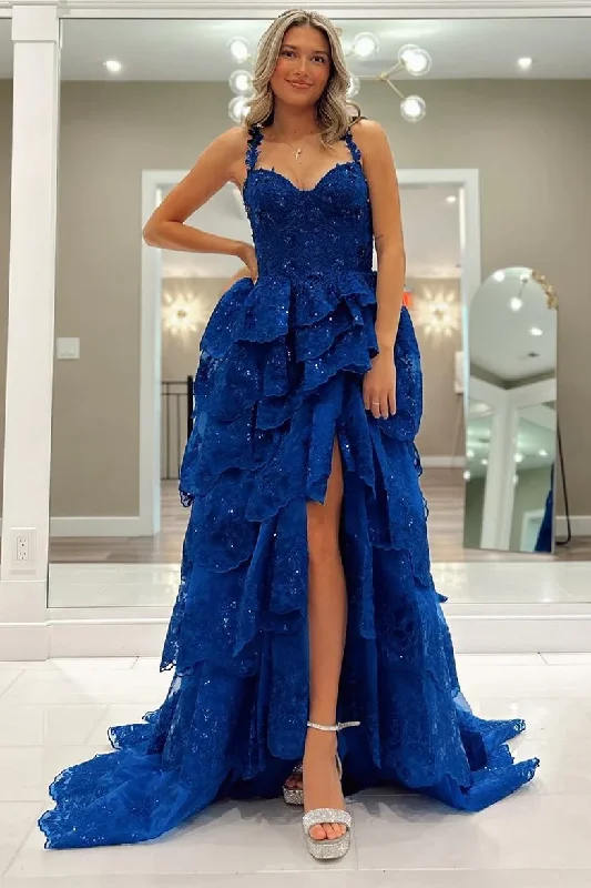 Daily Specials structured dressRoyal Blue Tulle Sequin Ruffle Tiered Long Prom Dress,DP824