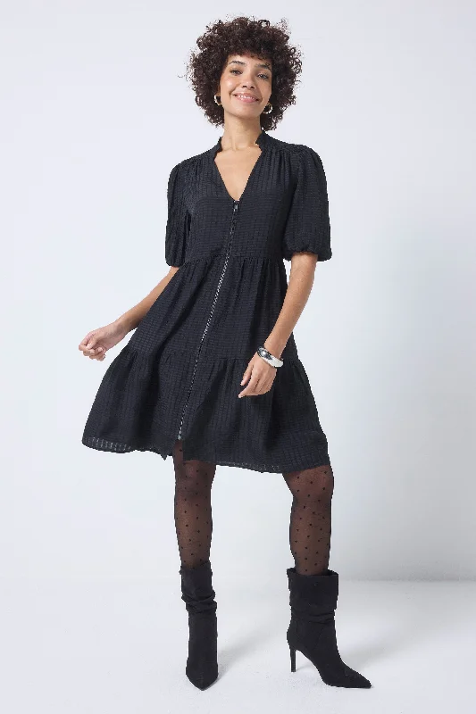 draped dressBlack Textured Zip Detail Tiered Short Dress