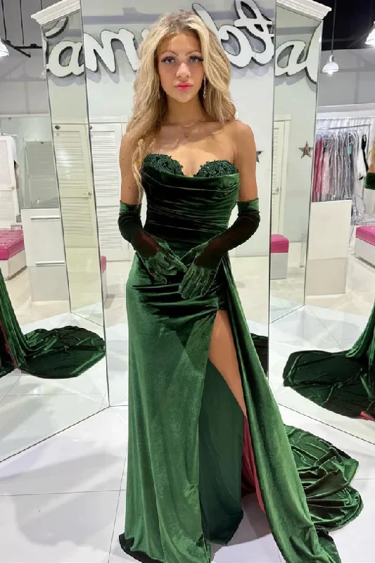 Exclusive Deal puff sleeve dressEmerald Green Sweetheart Strapless Velvet Long Prom Party Dress with Slit,DP987