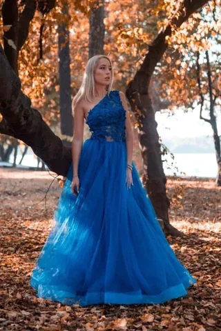 Lowest Prices party dressBlue One Shoulder Tulle Appliques Long Prom Dress,DP958
