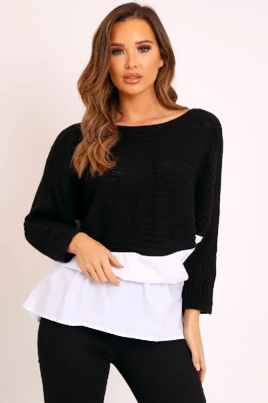 comfortable pullover sweatshirtBlack Oversized Knitted Shirt Jumper - Payslie