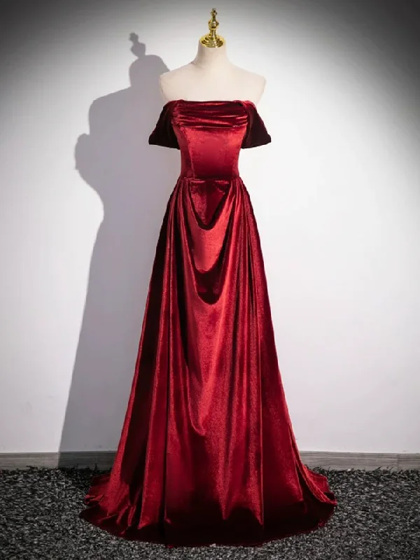 high-waisted dressBurgundy Velvet Elegant A-Line Off Shoulder Formal Party Dress, DP2473